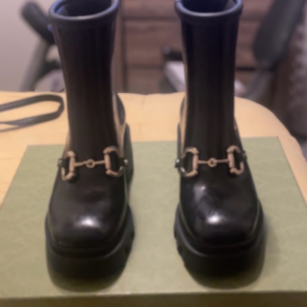 Black Leather Boots with Gold Buckle